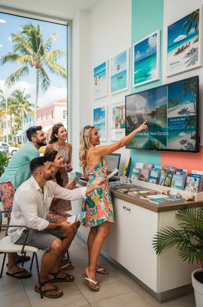 Group travel planning consultation with printed itineraries.